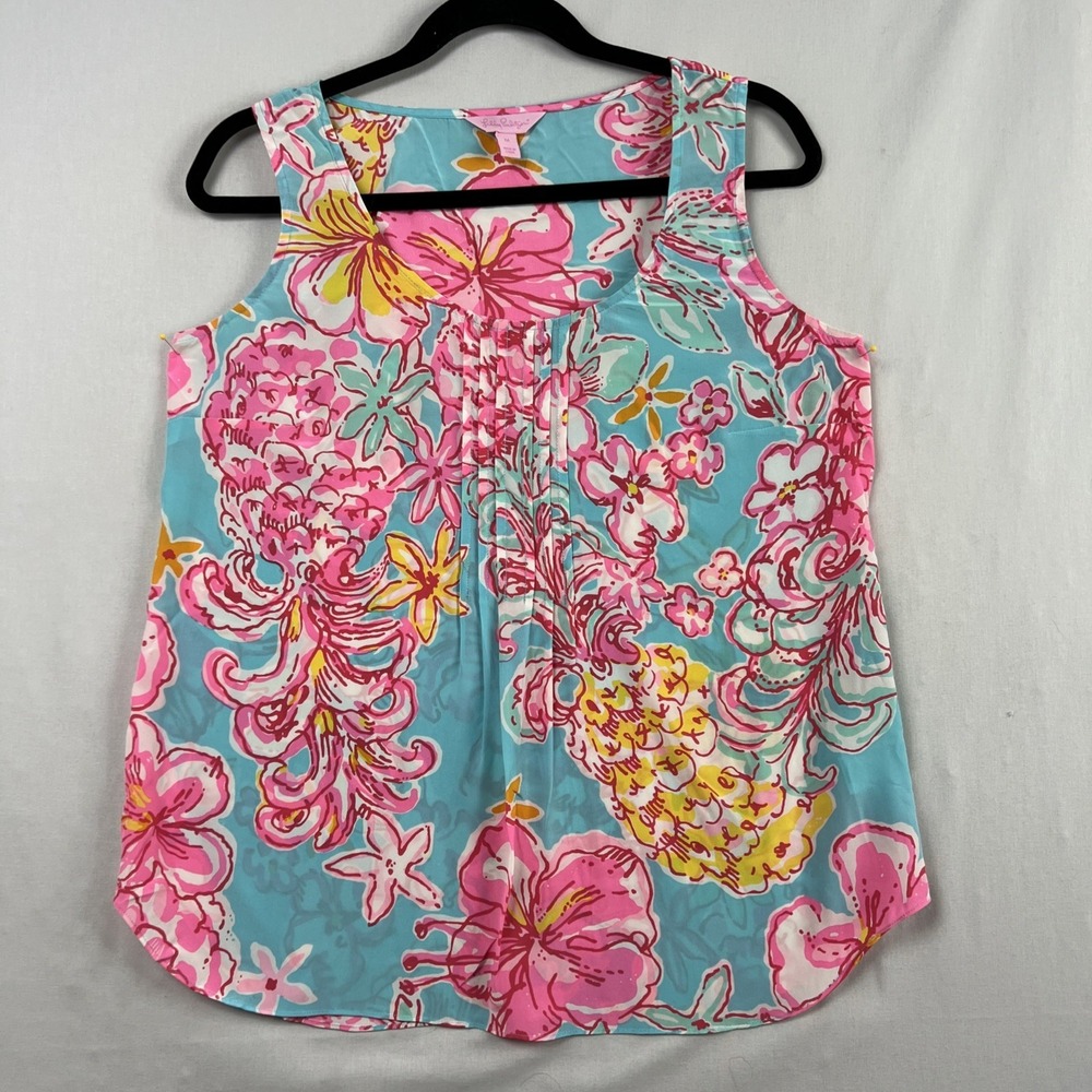 Lilly Pulitzer Blouse Womens Medium Floral Beach 100% Silk Colorful Sleeveless